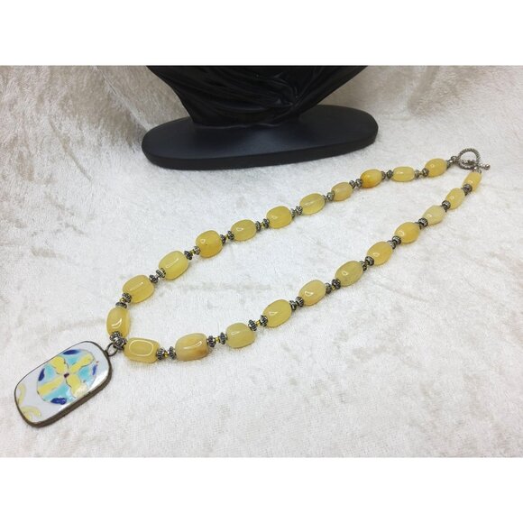 Vintage Natural Yellow Stone Beaded Necklace With Abstract Handcrafted Tile Pend - Picture 2 of 4